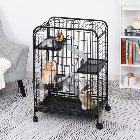 Cage pour Petits Animaux Roulante Bac Inférieur Amovible Nombreux Accessoires Acier PP Noire