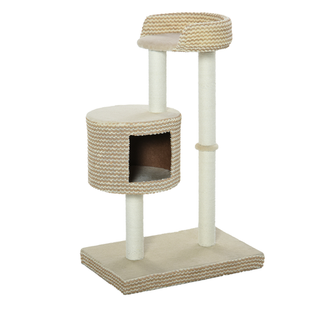 Arbre à chats style cosy chic griffoirs niche plateforme bicolore beige café