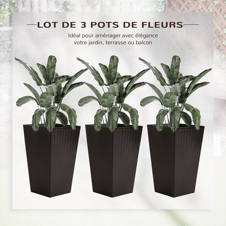 Lot de 3 pots de fleurs H.61 cm PP aspect rotin chocolat