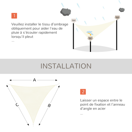 Voile d'ombrage triangulaire 4 x 4 x 4 m crème