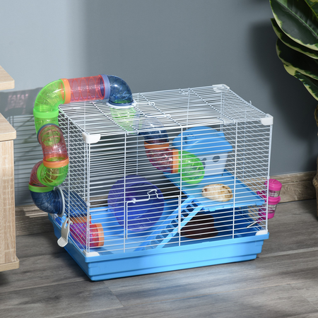 Cage à hamster rongeur 2 niveaux avec accessoires métal blanc PP bleu