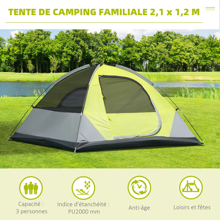 Tente de camping 3 pers. fibre verre polyester gris vert