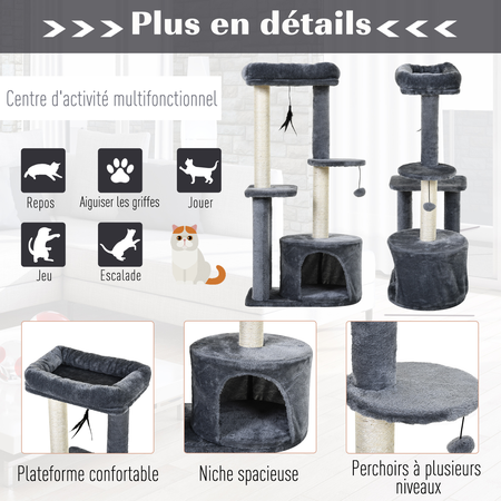 Arbre à chats griffoirs centre d'activités 2 jouets suspendus gris