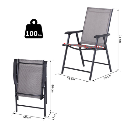 Lot de 2 chaises de jardin pliantes avec accoudoirs métal époxy textilène noir gris
