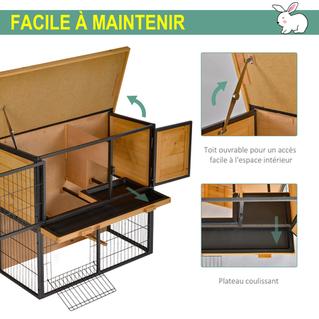 Clapier cage à lapin 2 niveaux 3 portes métal époxy pin pré-huilé