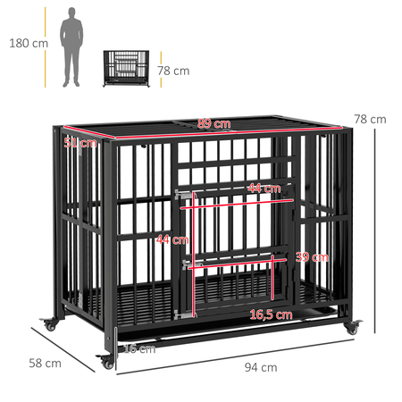 Cage pour chien animaux sur roulettes pliable 3 portes plateau acier noir