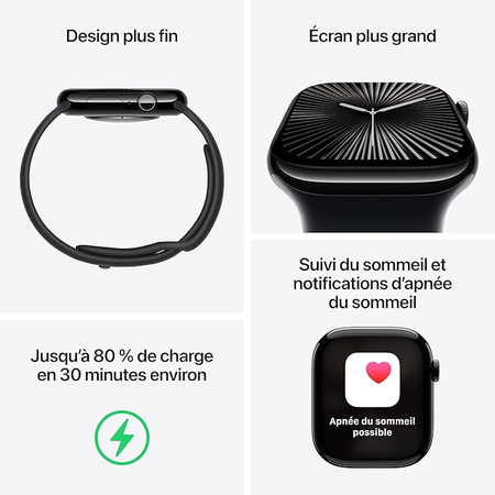 Apple Watch Series 10 GPS, 41 mm Boîtier en Aluminium, Bracelet Sport, Écran Always-On Retina, Capteur de Fréquence Cardiaque, Oxymètre, Détection de Chute, Étanche