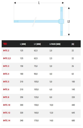 Clé mâle en 'T' 6 pans métriques diamètre 2,5mm longueur 125mm - FACOM - 84TC.2.5