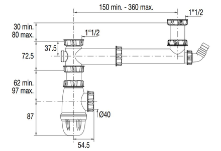 Tubulure  pour évier 2 cuves entraxe 160 à 360mm avec prise MAL et siphon - VALENTIN - 00 778100 001 00