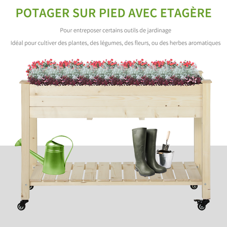 Jardinière sur pieds - potager sur roulettes avec étagère - bois massif sapin