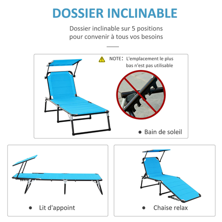 Transat pliable dossier pare-soleil réglables alu. textilène