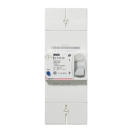 Disjoncteur de branchement BACO bipolaire différentiel 500mA instantané 45A - LEGRAND - 401000