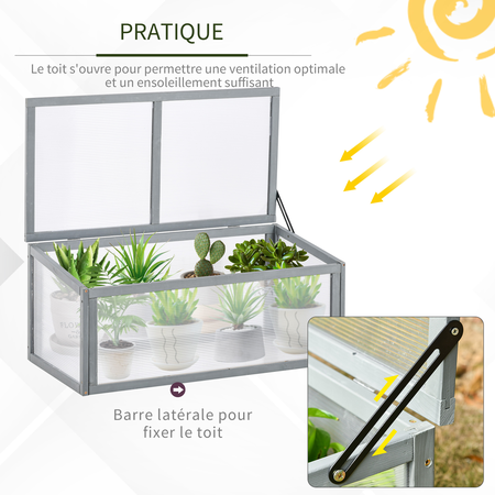 Mini serre de jardin toits ouvrables polycarbonate sapin pré-huilé gris