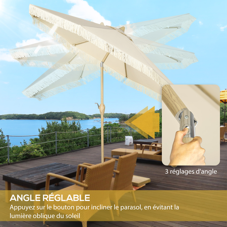 Parasol octogonal inclinable Ø 2,65 x 2,44H m métal apsect bois tissu beige