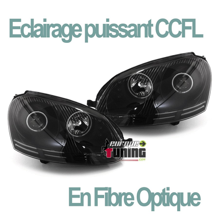 PHARES FEUX AVANTS ANGEL EYES LED CCFL NOIRS LOOK XENON VOLKSWAGEN VW GOLF 5 (02388)