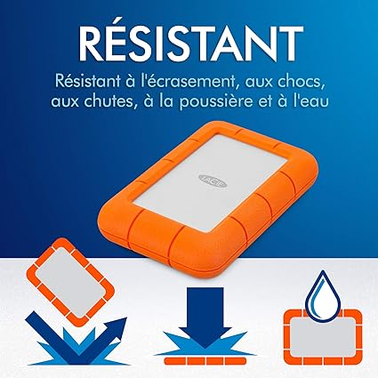 Disque Dur Externe pour PC et Mac, Résistant aux Chocs, Chutes et à la Pression, avec USB-C sans câble USB-A