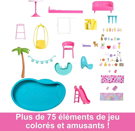 Barbie Coffret Maison de Rêve Poupée Mannequin, Design en Spirale sur 3 Niveaux, 10 Espaces de Vie Inclus Piscine, Toboggan, et Ascenseur