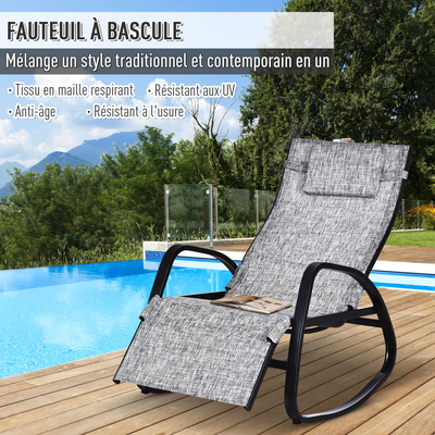 Chaise longue à bascule pliable dossier inclinable réglable métal textilène gris chiné