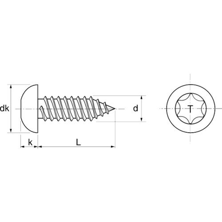 Vis à tôle tête cylindrique bombée 6 lobes inox A2 DIN 7981 5,5X38 boîte de 200 - ACTON - 624075,5X38