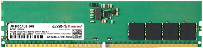Barrette mémoire 16Go DIMM DDR5 Transcend JetRam 4800Mhz (Vert)