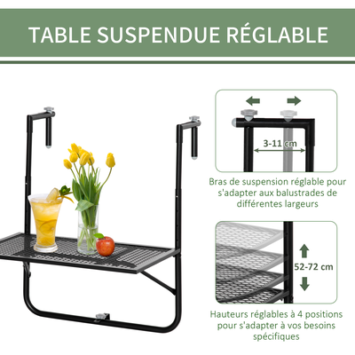 Table suspendue pliable de balcon hauteur réglable métal époxy noir