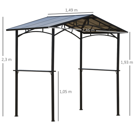 Pavillon jardin abri barbecue 2 étagères aluminium métal noir polycarbonate