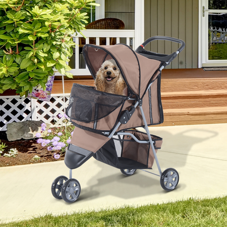 Poussette buggy pour chien chat animaux roue avant pivotante 360° marron