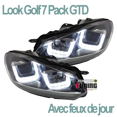 PHARES AVANTS POUR VW GOLF 6 AVEC FEUX DE JOUR LOOK GOLF 7 PACK GTD BANDES CHROME (03966)