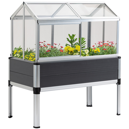 Mini serre sur pieds structure alu. PVC aspect bois gris polycarbonate