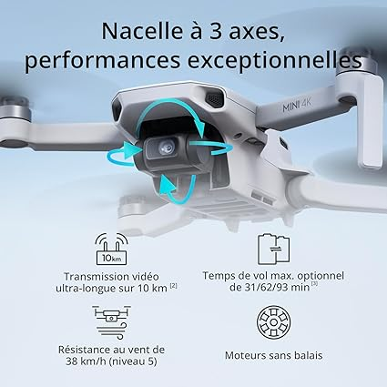 DJI Bundle Fly More Mini 4K, Drone Caméra 4K UHD, Moins de 249 g, Transmission Vidéo 10 km, Retour Automatique, Trois Batteries, Temps de Vol 93 min, QuickShots