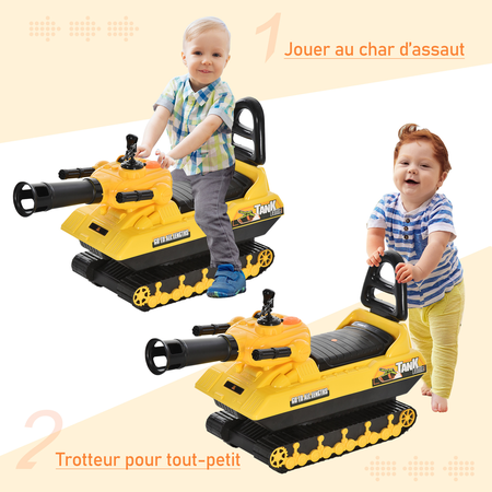 Porteur enfant voiture enfant tank coffre klaxon pistolet à balles jaune