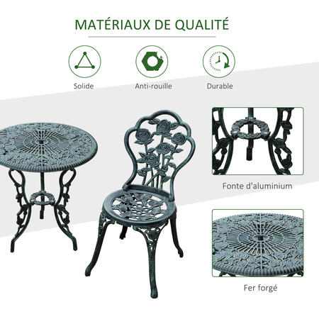 Ensemble jardin 2 places fonte d'aluminium vert vieilli