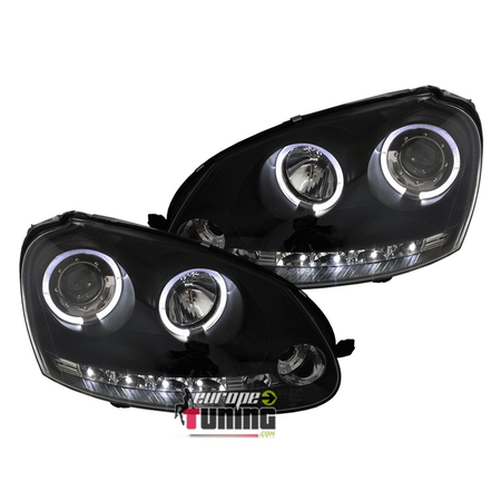 PHARES FEUX AVANTS NOIRS ANGEL EYES LED VOLKSWAGEN VW GOLF 5 LOOK XENON (12361)