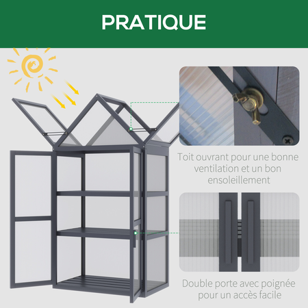 Mini serre de jardin 2 portes toits ouvrables polycarbonate sapin gris