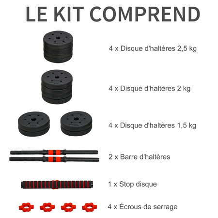 Ensemble d'haltères courtes total 25 Kg - barres incluses - acier HDPE noir rouge