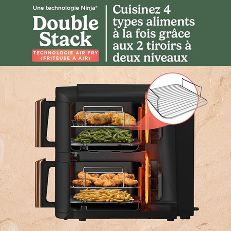 NINJA Double Stack XL Air Fryer, Friteuse sans huile Verticale Double Tiroir 4 Niveaux de Cuisson, 9,5 L, Noir/Cuivre, SL400EUCP