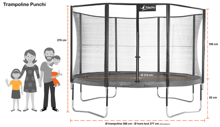 Kangui - Trampoline de jardin 365 cm + filet + échelle + bâche + kit ancrage | PUNCHI Vert.