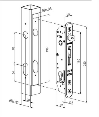 Serrure à encastrer FORTYLOCK tout en inox 20mm pour profil 40mm - LOCINOX - P00007978