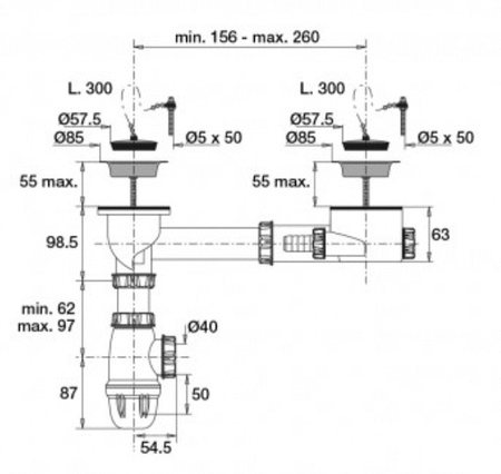 Kit de vidage siphon et bonde sans trop-plein pour évier 2 cuves D60 - VALENTIN - 00 788000 000 00