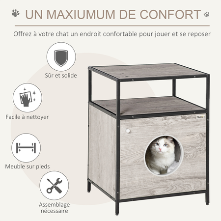 Maison de toilette pour chat châssis acier noir aspect bois gris