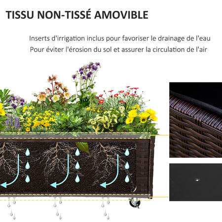 Jardinière sur roulettes résine tressée aspect rotin chocolat