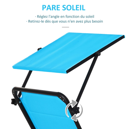 Transat pliable dossier pare-soleil réglables alu. textilène