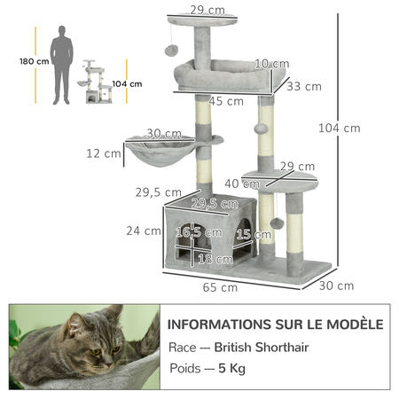 Arbre à chat griffoirs niche plateformes jeux boules gris