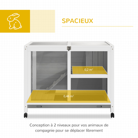 Clapier à lapin sur roulettes 2 niveaux avec niche, plateau excrément