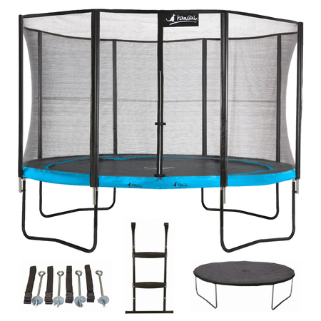 Kangui - Trampoline de jardin 365 cm + filet + échelle + bâche + kit ancrage | PUNCHI Bleu