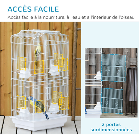 Cage à oiseaux volière avec mangeoires perchoirs plateau 2 portes blanc