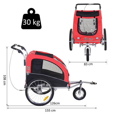 Remorque vélo jogger 2 en 1 pour animaux rouge