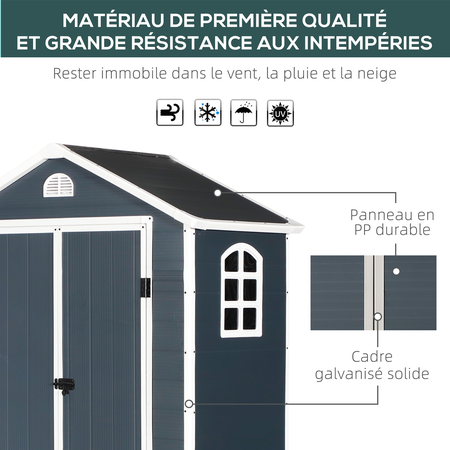 Abri de jardin verrouillable avec fenêtre résine PP ondulée anthracite