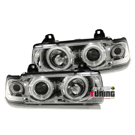 PHARES FEUX CHROME ANNEAUX CCFL ANGEL EYES BMW SERIE 3 E36 BERLINE TOURING (00505)