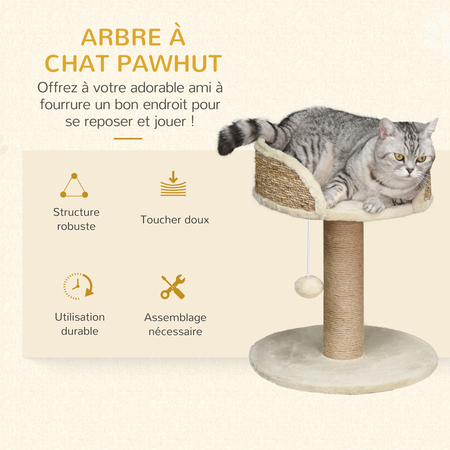 Arbre à chat griffoir 2 niveaux H. 49 cm boule suspendue beige